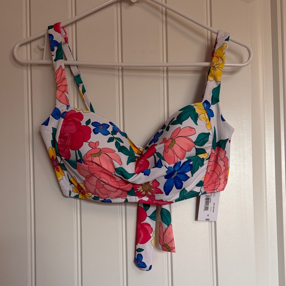 Liz Claiborne White Floral Bikini Top with Pink, Blue & Yellow Flowers